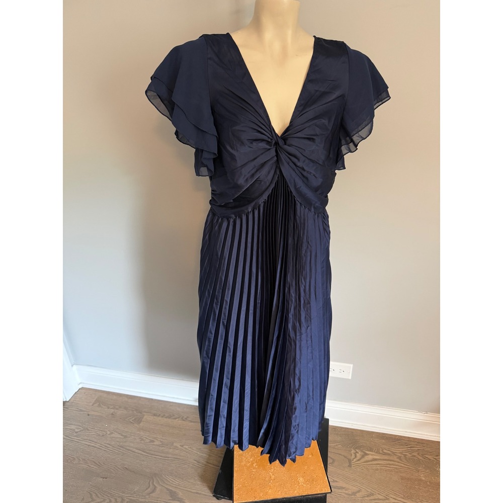 Petal & Pup Nova Flutter Sleeve Midi Dress Navy Blue Pleated V-Neck Size M